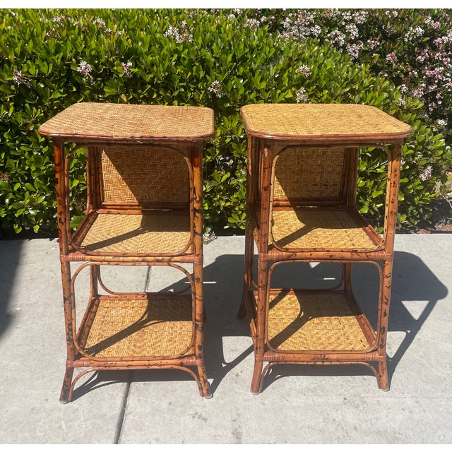 English 2 Vintage Rattan Bamboo Nightstands End Tables, Drop Down Shelf For Sale - Image 3 of 9