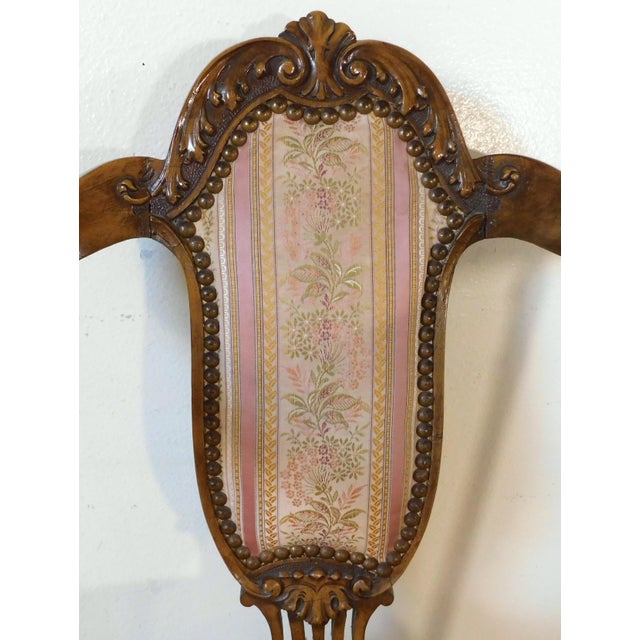 Antique Victorian Pink Floral Striped Carved Wood Brass Studded Side/End Accent Chair For Sale - Image 12 of 15