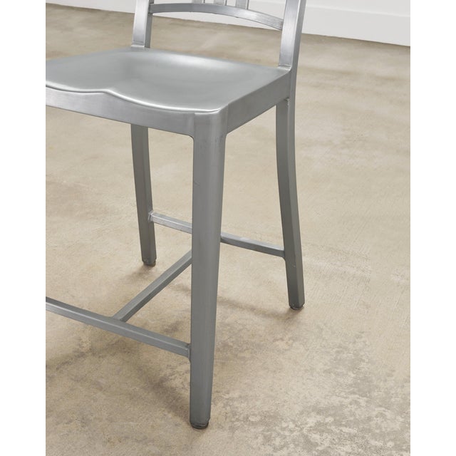 Pair of Emeco 'Navy' Bar Counter Stools in Brushed Aluminum For Sale - Image 11 of 17