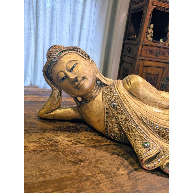Gold 1930s-1940s Hand-Carved Giltwood Burmese Reclining Buddha For Sale - Image 8 of 11