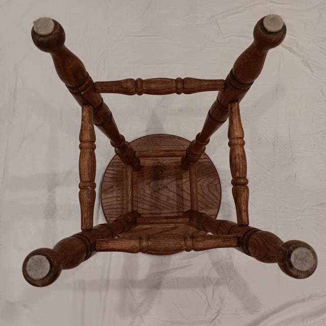 Vintage Rustic Farmhouse Solid Oak Tell City Backless Barstool With Paisley Print Seat Cushion For Sale In Chicago - Image 6 of 17