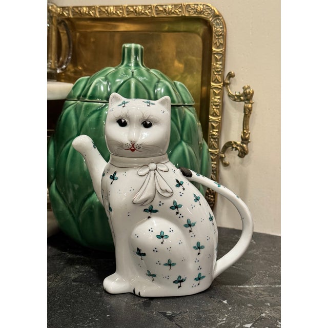 1970’s Blue & Green Accent Lucky Cat Motif Tea Pot For Sale - Image 11 of 13