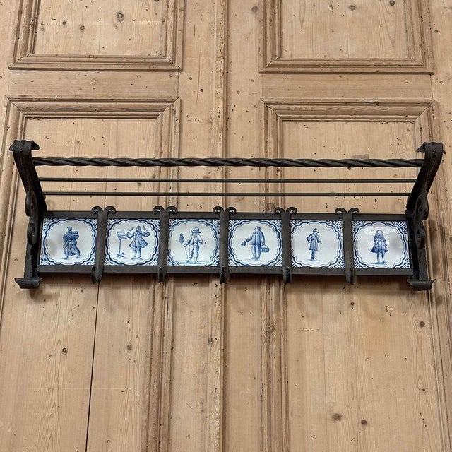 19th Century Dutch Wrought Iron Coat Rack With Delft Tiles For Sale - Image 15 of 18