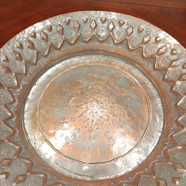 Vintage Egytian Hammered Sculptured Copper Platter/ Bowl With French Fluer- De- Lis and Bee Symbol For Sale - Image 11 of 18