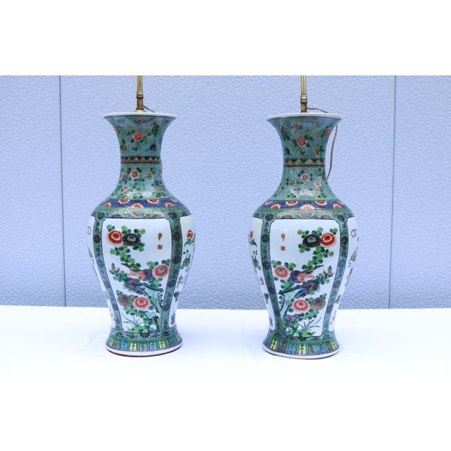 Chinese Porcelain Baluster Vase Table Lamps 19th-Century Famille Verte, a Pair For Sale - Image 13 of 17