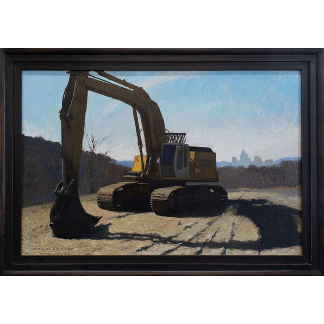 Progress on Memorial by Brad Davis | Oil on wood panel Excavator on a construction site For Sale - Image 4 of 5