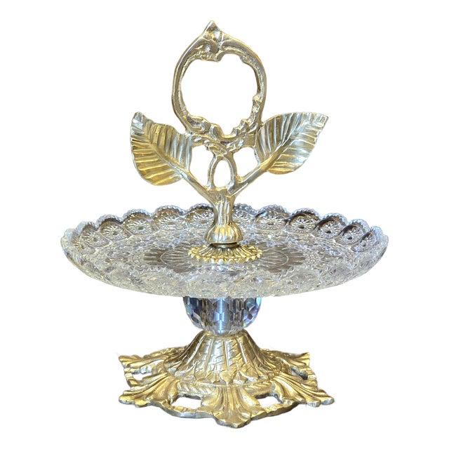 Luxury Brass & Crystal Pedestal Serving Stand for Elegant Entertaining For Sale