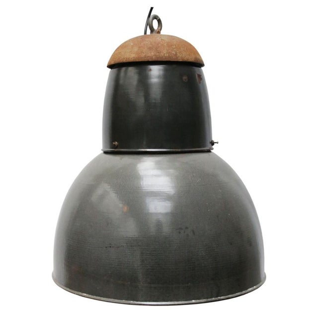 1950s Large Vintage Industrial Grey Enamel and Cast Iron Pendant Light, 1950s For Sale - Image 5 of 5