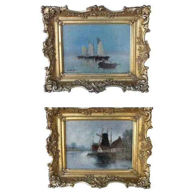 Vintage Seascape Oil on Canvas Set of 2 Paintings in Wood Gilded Frames For Sale - Image 13 of 13