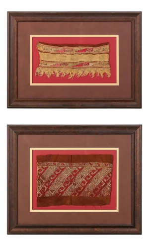 Collection of Two Framed Pre-Columbian Textile Panels Chimu Chancay Culture