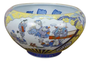 Antique Japanese Fukagawa Koransha Imari Wise Men Phoenix Koi Fish Bowl 16"