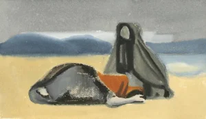 1940s A Gouache on Paper of Figures on a Moroccan Beach by Andre Delfau