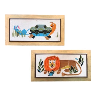 Vintage 1960s Crewel Needlepoint Tortoise, Hare, Lion & Mouse Wall Art - A Pair For Sale