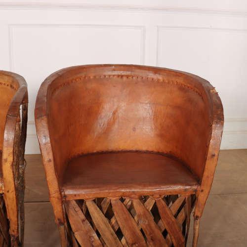 Spanish Leather and Willow Sofa Suite, 1920s, Set of 3 For Sale - Image 9 of 15