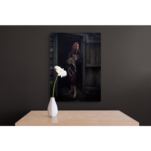 Figurative Baby by Mary Carroll | Acrylic Painting of a woman holding a fawn at a doorway. For Sale - Image 3 of 5
