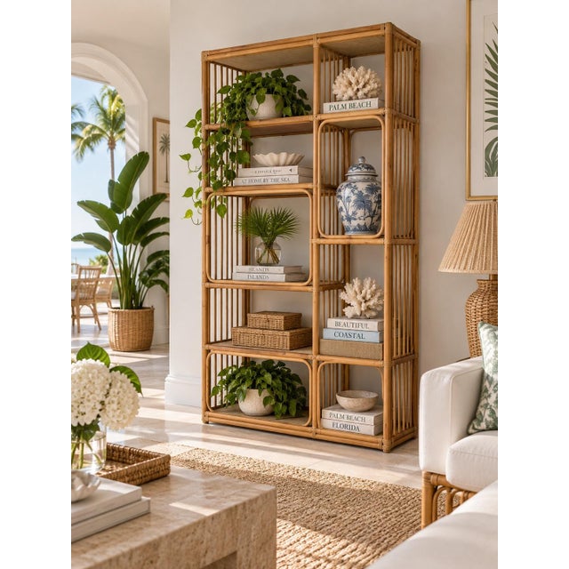 Beautiful vintage coastal bookcase or étagère crafted from natural rattan with woven cane shelf surfaces. Features an eye-...