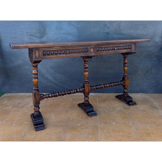 Traditional Spanish Carved Wood Console Table With Two Drawers Signed by Valenti For Sale - Image 3 of 16