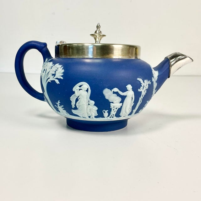 Royal Blue Early 20th C Antique English Chippendale Wedgwood Sterling Silver Hellenic Porcelain Tea Pot For Sale - Image 8 of 16