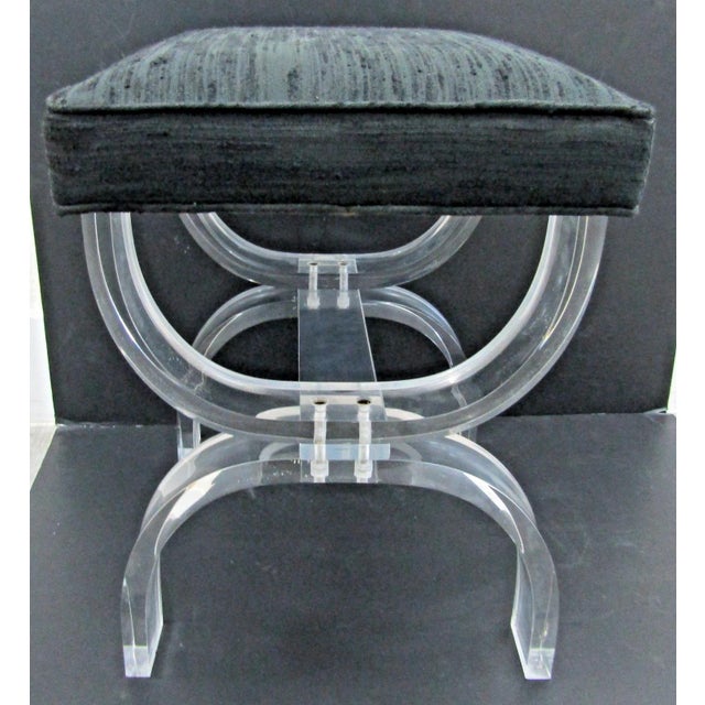 Black Vintage Lucite and Black Upholstery Thick Curved Legs X-Style Vanity Stool For Sale - Image 8 of 10