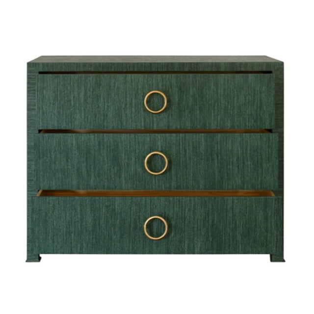 Contemporary Matthew Izzo Home Getty Green Grasscloth Three Drawer Chest With Antique Brass Circle Drawer Pull For Sale - Image 3 of 7