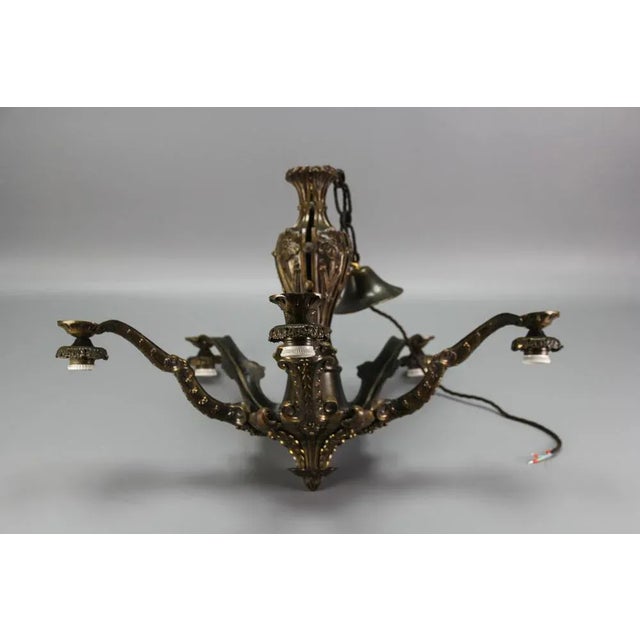 Art Deco Five-Light Bronze and Glass Floral Motif Chandelier, 1920s For Sale - Image 13 of 18