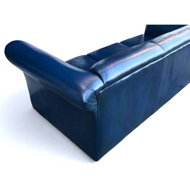 1960s Navy Blue Leather Roll-Arm Sofa With Brass Nailhead Trim and Wooden Bun Feet For Sale - Image 9 of 12