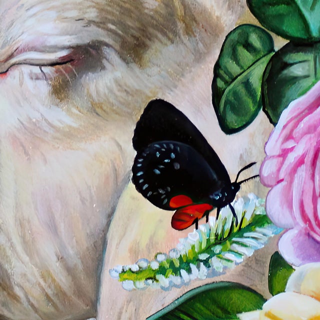 Surrealism Daylight Dreamer by Claudia Griesbach-Martucci | Oil on board Sheep's head with flowers and butterflies For Sale - Image 3 of 4