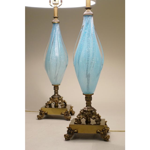 1960s 1960s Large Barovier Toso Murano Italy Thick Aqua Swirl Art Glass Ornate Brass Table Lamps - a Pair For Sale - Image 5 of 11