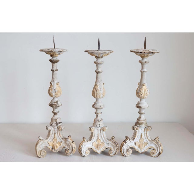 French Rococo period early 18th century two tone light gray and cream painted candlesticks, with authentic patina, priced...