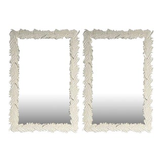 Contemporary Serge Roche Style Rectangular White Lacquer Leaf Wall Mirrors- a Pair For Sale