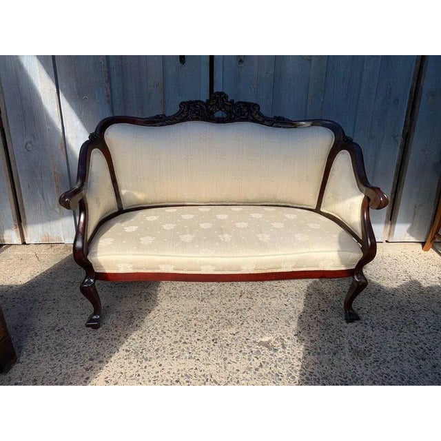 Wood Early 20th Century Antique Victorian Style Carved Walnut Parlor Set, Loveseat and Lounge Chair For Sale - Image 7 of 13