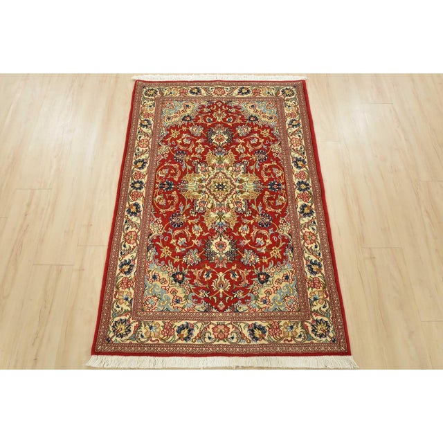 Farmhouse Fine Qom Rug 3’4” X 4’11” Red Wool/Silk Traditional Hand-Knotted Carpet For Sale - Image 3 of 12