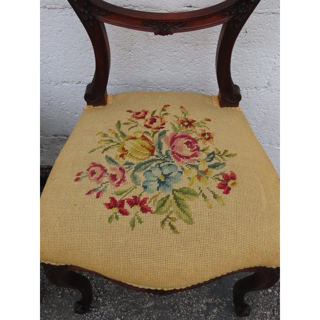 Victorian Late 1800s Carved Tapestry Small Accent Side Chairs a Pair 6379 For Sale - Image 9 of 12