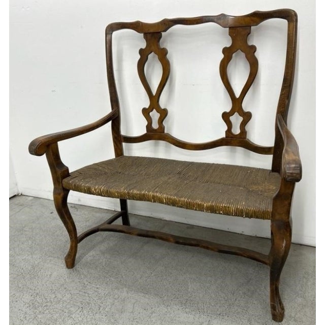 French Provincial Late 20th Century French Provincial Walnut Rush Seat Settee With Pierced Double-Splat Back For Sale - Image 3 of 6