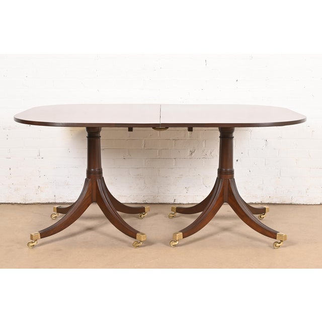 Baker Furniture Style Georgian Mahogany Double Pedestal Extension Dining Table, Newly Refinished For Sale In South Bend - Image 6 of 11
