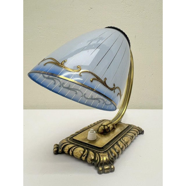 Art Deco Brass and Blue Glass Table Lamp, 1930s For Sale - Image 10 of 13