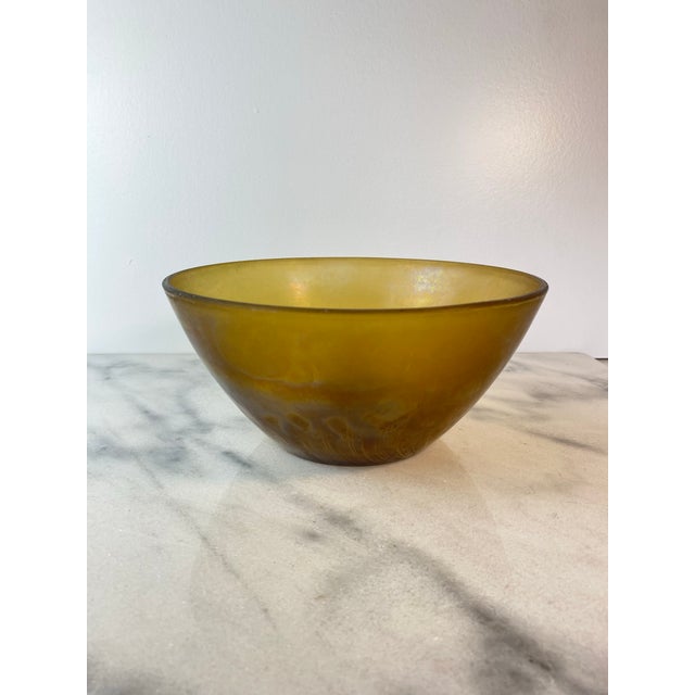 Rare vintage Arcopal France “Volcan” art glass bowl featuring a beautifully frosted amber opaline finish with organic...