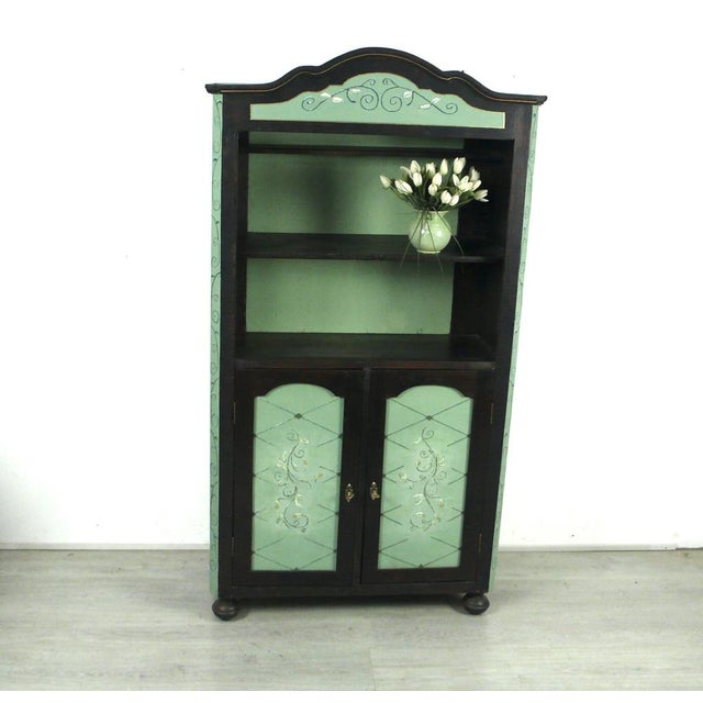 Small sideboard, china cabinet, antique kitchen shelf, circa 1850, in dark walnut with light sage green + decorative...