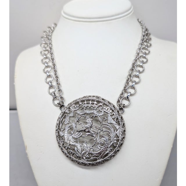 Mid-Century Modern Vintage Signed Napier Rhodium Plated Coat of Arms Pendant Necklace, 1971 Ad Piece For Sale - Image 3 of 7