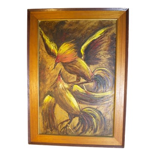 MCM Signed Original Expressionist Oil Painting of Fighting Roosters For Sale