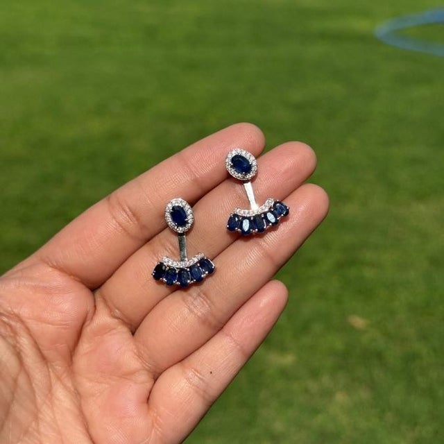 4.16ct Natural Deep Blue Sapphire and Diamond Jacket Earrings in 14k White Gold- A Pair For Sale In New York - Image 6 of 18