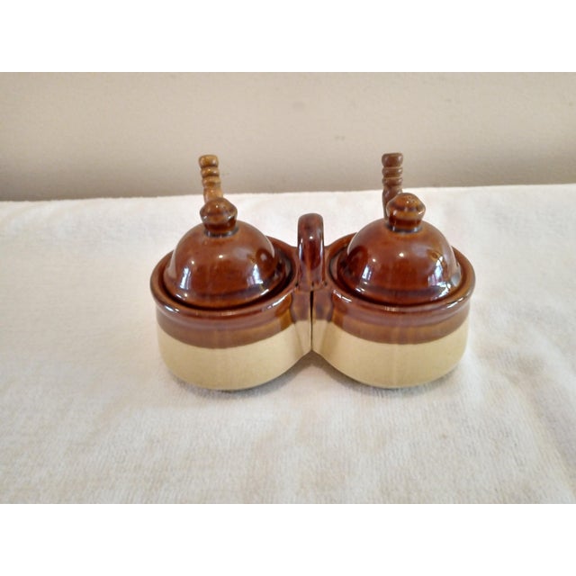 Vintage Stoneware Brown Glaze Double Condiment Jars Houston Foods 21979. Condiment set is in excellent vintage condition...