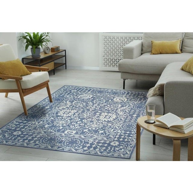 10x14 Blue Hand-Knotted Wool Bamboo Silk Framed Floral Garden Geometric Carpet For Sale - Image 12 of 13