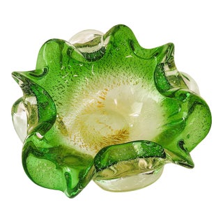 Murano Emerald Green Cased Gold Flecked Bubble Bowl For Sale