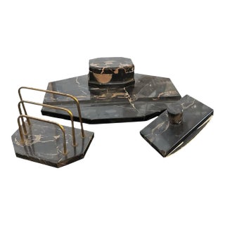 1930s Art Deco Portoro Marble and Brass Italian Desk Set For Sale