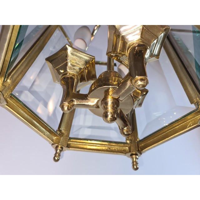 Antique Brass Hexagon Beveled Glass Hall Lantern, Late 1800 - Early 1900 For Sale In New York - Image 6 of 13