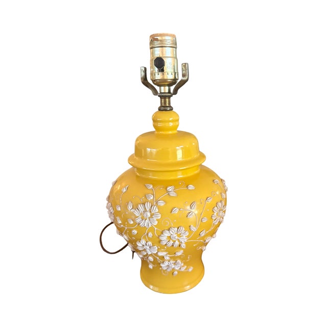 Shabby Chic Vintage c.1950s Marigold Porcelain Ginger Jar Table Lamp With Raised Floral Relief For Sale - Image 3 of 10