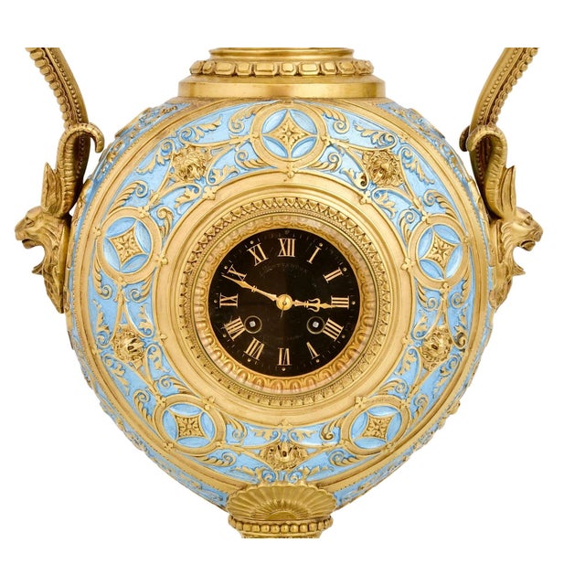 Antique French Gilt Bronze and Enamel Porcelain Urn-Form Clock, Mid 19th Century For Sale - Image 4 of 12
