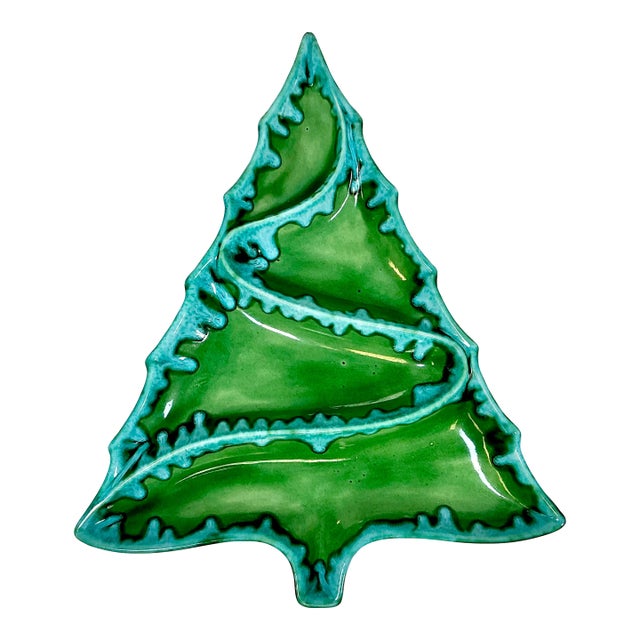 1970s Vintage Folk Art Americana Divided Turquoise Drip Christmas Tree Serving Dish For Sale