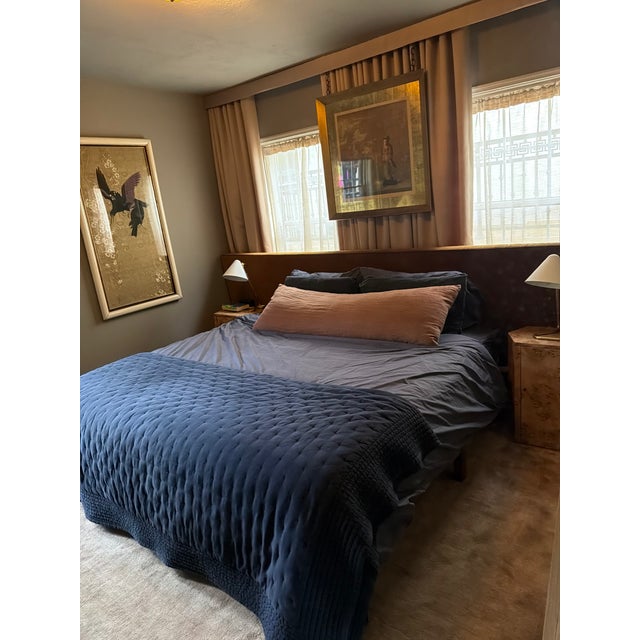 Custom Wall to Wall Velvet Headboard and Walnut King Sized Bed Frame For Sale - Image 4 of 5